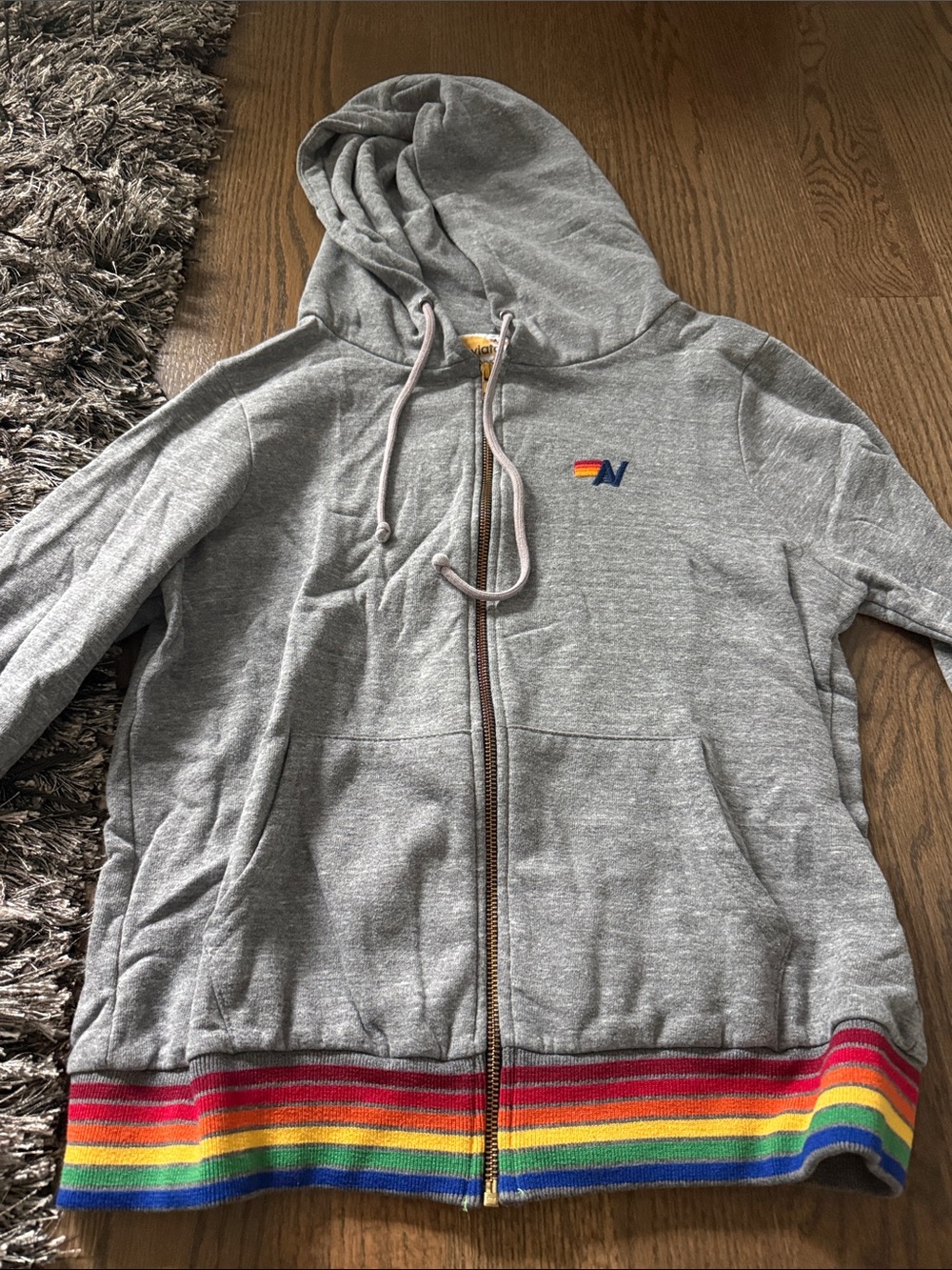 Aviator Nation Gray Zip Hoodie with Rainbow Hem